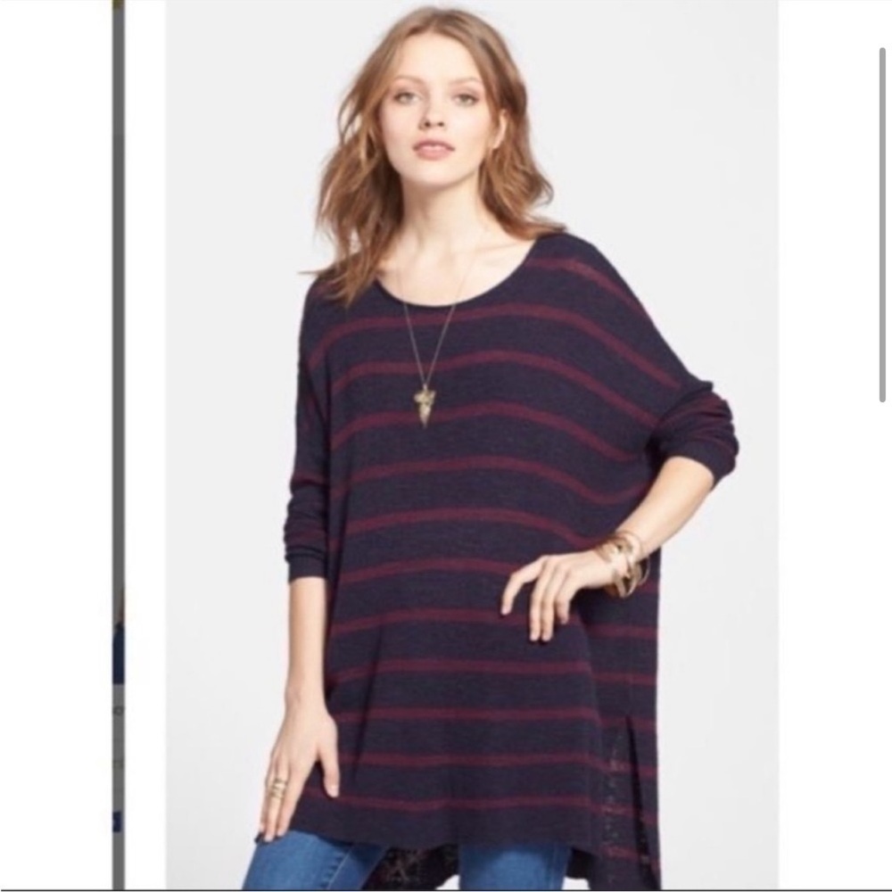 Free People Oversized Maroon/Navy Striped Tunic Sweater